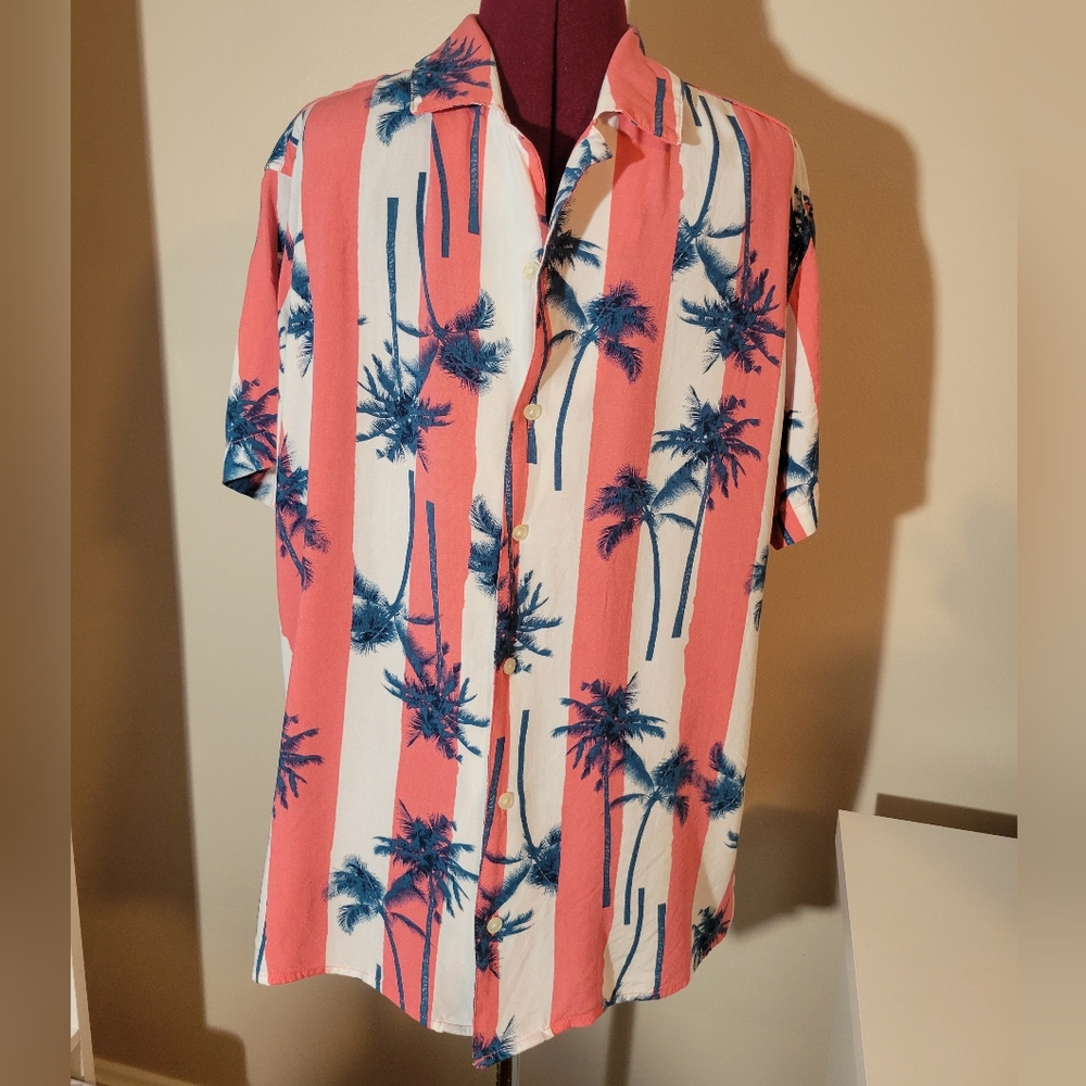 Original Use, Mens Shortsleeve Buttondown, Palmtrees, Pink & White, Stripes